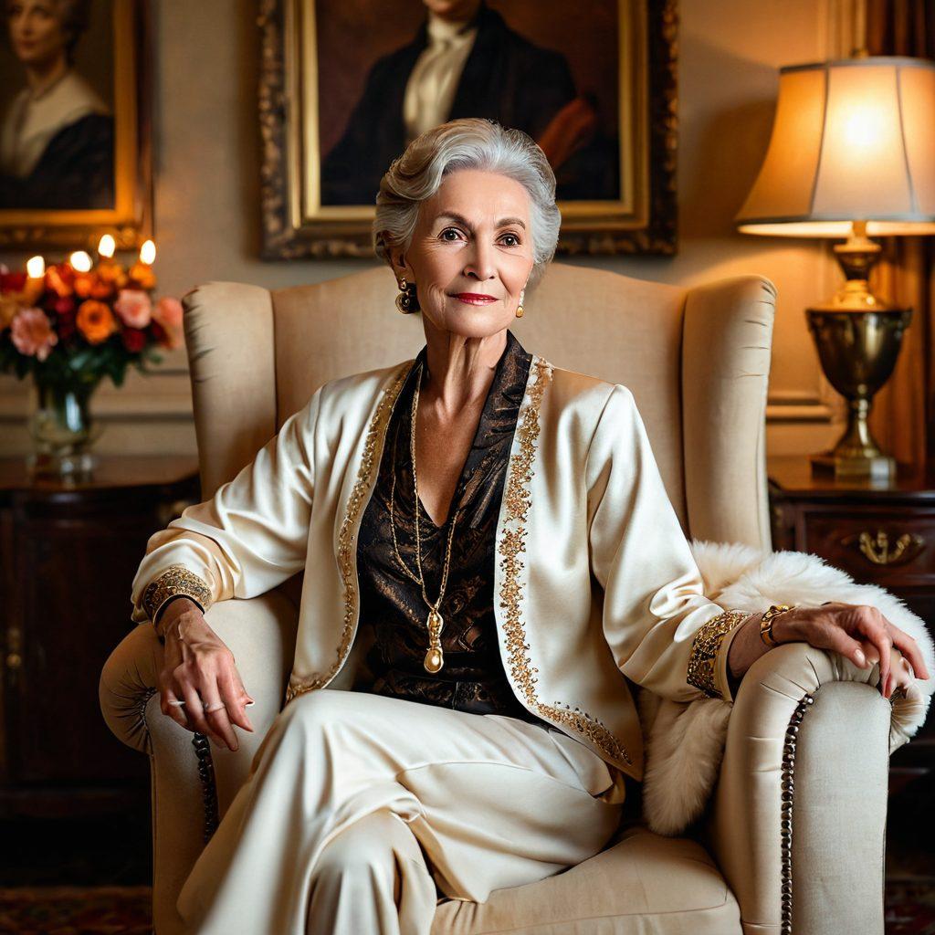 A tastefully depicted scene featuring an elegantly aged woman exuding confidence and charm, dressed in sophisticated yet sensual attire, softly lit in a cozy, inviting room filled with plush furnishings and warm colors. The atmosphere evokes a sense of intimacy and allure, portraying a celebration of mature beauty and wisdom. Subtle hints of luxurious accessories add a touch of glamour. soft-focus. warm colors. intimate ambiance.