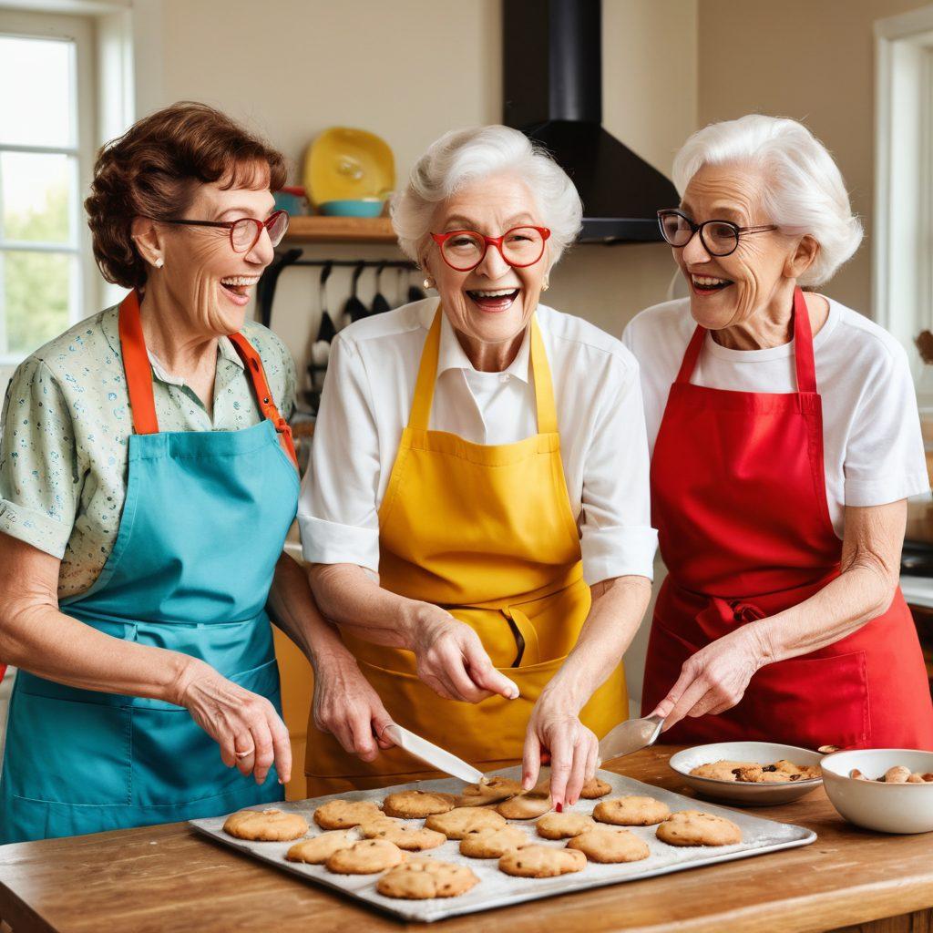 A whimsical scene featuring a group of cheerful, playful elderly women engaging in mischievous activities, like baking quirky-shaped cookies, wearing colorful aprons, and laughing together. The setting is a cozy kitchen filled with amusing decorations and lighthearted elements, like oversized glasses and cheeky t-shirts. Capture a vibe of joy and warmth, showcasing both wisdom and playfulness in their expressions. vintage illustration. bright colors. cheerful atmosphere.
