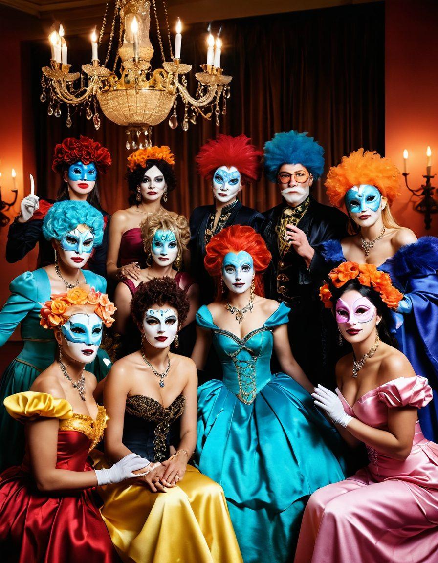 A captivating scene depicting a diverse group of mature individuals engaging in a fantasy-themed gathering, showcasing elements of intrigue and allure. There should be a cozy, inviting atmosphere with soft lighting, and hints of various fantasies represented through props like masks, costumes, and magical artifacts. Emphasize their joyful expressions and the richness of their interactions, conveying empowerment and exploration beyond stereotypes. vibrant colors. soft glow. contemporary art.